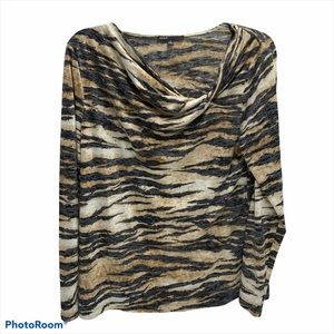 Chaus women’s tan black leopard print Large long sleeve side cowl neck pullover